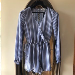 Blue and white women’s long sleeve shorts romper